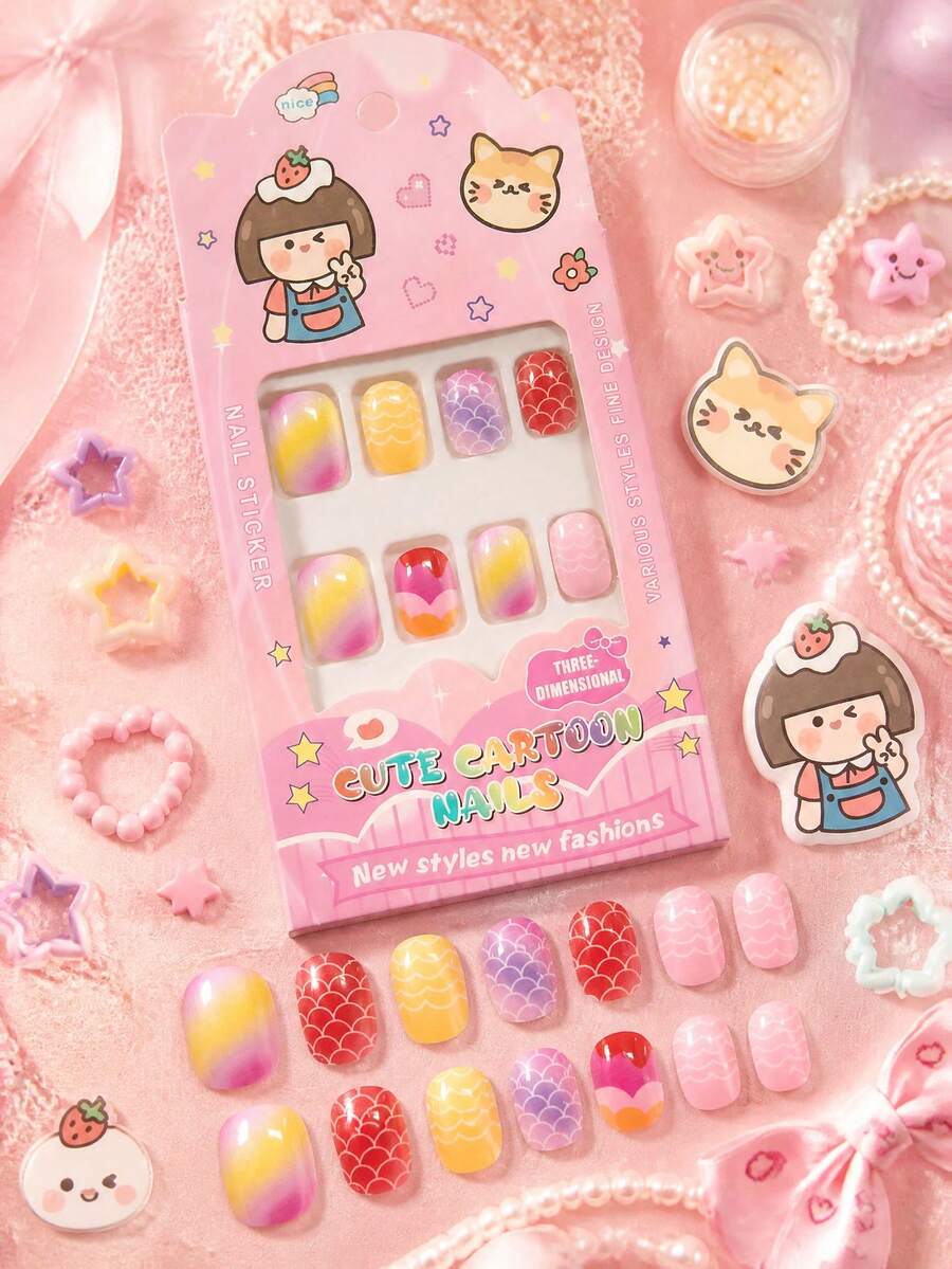 24片Y2K風格兒童美甲貼,壓克力材質,預塗膠,全覆蓋,亮面可愛美人魚設計,包含條紋、魚鱗、漸層元素,適合小女孩可愛海洋主題短甲貼 - 彩色 - 查看 1