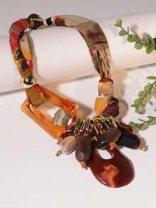 1pc Vintage Fabric & Resin CCB Color Block Pendant Necklace For Women, Suitable For Banquet & Daily Wear - X-1309 - View 6