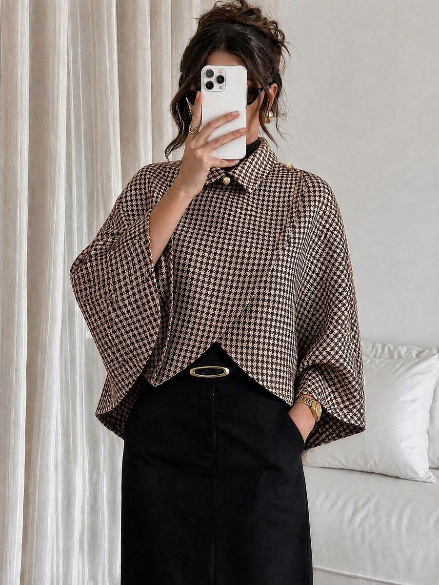 Women's Houndstooth Print Lapel Batwing Sleeve Cape Coat, Elegant Asymmetrical Hem Loose Silhouette Short Jacket, Casual Daily Outerwear Fall - Brown - View 1