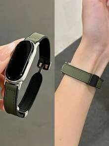 1pc Leather Magnetic Strap, Compatible With Xiaomi Band 10/10NFC/9/9 NFC/8/8 NFC - Army Green - View 5