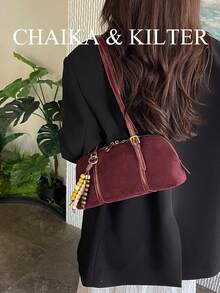 CHAIKA & KILTER 1件裝純色麂皮布料女款單肩包，復古時尚啞光貝殼包，對比色絎縫線條，雙手柄設計，拉鍊開合，適合日常與街頭使用（含吊飾） - 酒紅色 - 查看 8