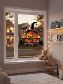 1件裝萬聖節南瓜女巫帽窗貼「Trick Or Treat」蝙蝠蜘蛛靜電吸附窗貼，適用於室內居家萬聖節派對窗戶裝飾 - 彩色 - 查看 10