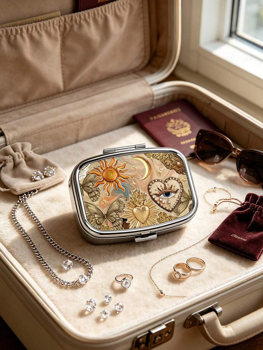 Hộp đựng trang sức kim loại hình vuông di động với họa tiết mặt trời và mặt trăng cổ điển, khay chia 2 ngăn, hộp lưu trữ trang sức họa tiết vintage, phù hợp đựng vitamin, bông tai, nhẫn, túi du lịch, lý tưởng cho sử dụng hàng ngày, chuyến đi cuối tuần, dịp đám cưới, mang theo ngoài trời, quà tặng sinh nhật, phù dâu, người yêu trang sức - Nhiều màu - Xem 1
