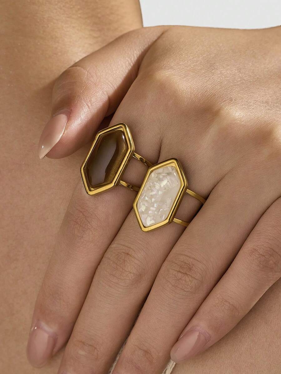 2pcs Stainless Steel Vintage Hexagonal Tiger Eye Stone, White Shell Natural Stone Open Rings 18K Gold Plated Stainless Steel Double Ring Design Women's Personalized Daily Party Decorative Finger Rings, Adjustable Size - Yellow Gold - View 1