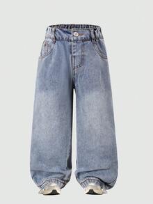 Boys' Washed Pocket Button Zipper Loose Fashion Denim Jeans - Blue - View 2