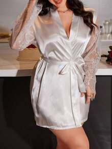 Plus Size White Satin Sheer Lace Long Sleeve Tie Front Short Robe Bridal Morning Robe Loungewear - White - View 6