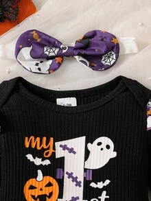 Newborn Baby Girl Autumn/Winter Halloween Black Ribbed Ruffle Long Sleeve Halloween Print Letter Bodysuit And Pumpkin Little Devil All-Over Print Ruffle Design Bow Flare Pants Set With Headband (Suitable For Halloween Night Outfit) - Black - View 3