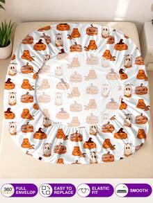 1pc Halloween And Thanksgiving Ghost Pumpkin Print Fitted Sheet, Silent Non-Slip, Machine Washable, Durable And Easy To Care, All Season Use, Suitable For Multiple Bed Sizes, Home, Dorm, Apartment, Guest Room, Rental, Bedroom Decor And Holiday Gift - Multicolor - View 10