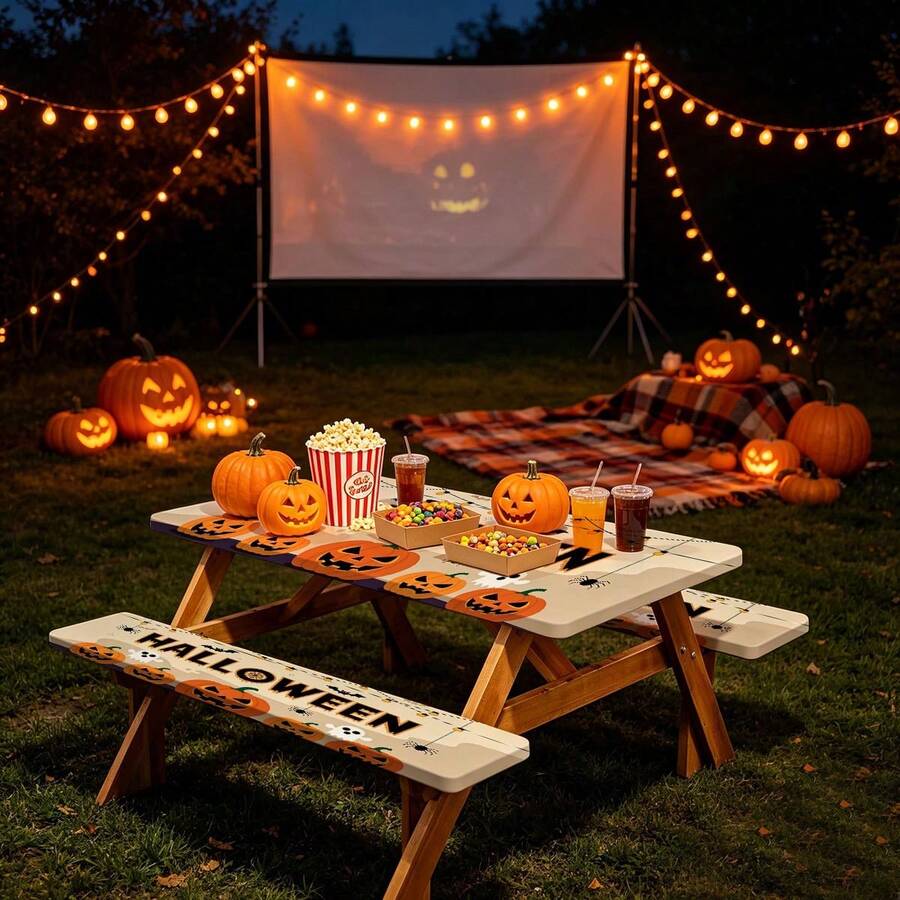 3 Pieces Picnic Tablecloth Set With Bench Cover, Elastic Edge Design, Halloween Pattern, Washable Rectangular Tablecloth, Suitable For Weddings, Camping, Picnics, Garden Parties And More, Practical Essential - E - View 1