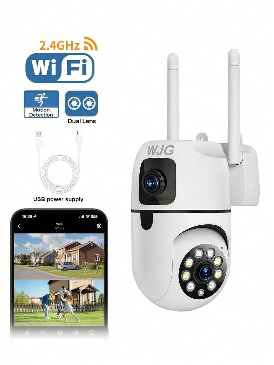 WJG 3MP Dual Lens Security Camera, 3MP Wireless Home Monitoring Camera, Supports Two-Way Audio, Night Vision & Motion Detection, 360° Whole-House Monitoring Via App - White - View 1