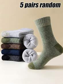 5 Pairs Men's Thick Terry Cushioned Mid-Calf Socks, Heathered Color Block, Warm Reinforced Work Socks, Moisture-Wicking For Outdoor Hiking - Multicolor - View 9