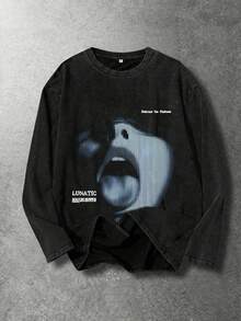 [Simple] Men's Retro Washed Long-Sleeve T-Shirt - Comfortable Crew Neck Top, Suitable For All Seasons, Casual Wear, Fashionable Street Style. - Black - View 2