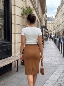 Plus Size New Elegant Casual High Waist Solid Color Pencil Skirt, Gold Button Detail Slim Fit Midi Skirt, Suitable For Work And Daily Wear - Burnt Orange - View 2