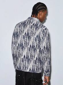 Modcrash Men Jacquard Shacket, Lapel Button Up Long Sleeve Coat With Double Pockets, Casual Commute Autumn Winter Outerwear Fall/Autumn/Winter - Navy Blue - View 2