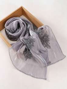 1pc New Heavy Industry Gorgeous Sequin Lace Embroidered Flower Edge Modest Fashion Sequin Embroidered Organza Muslim Headscarf Hijab Shawl - Multicolor - View 15