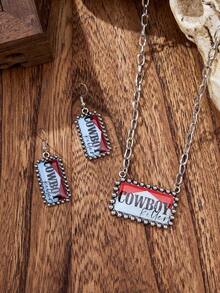 MONLOTTI 1 Set Western Vintage Resin Letter Sticker Jewelry Set, Bohemian Cowboy Letter Rectangular Sticker Earrings Necklace. Versatile Jewelry Set For Cowgirls, Exquisite Gift For Women - Multicolor - View 2