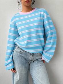 1pc Tween Girl Light Blue Pink White Colorblock Fine Striped Long Sleeve T-Shirt, Macaron Fresh Unisex Loose Top For Spring And Autumn - Blue - View 2