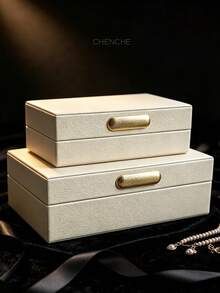 1 Set Lychee Textured PU Jewelry Box With Lid, Large Capacity Jewelry Storage Box, Zinc Alloy Decorative Lid, Soft Touch Home Jewelry Organizer, Modern Home Jewelry Storage Box, Luxury Gift Jewelry Box - Peach Pink - View 12