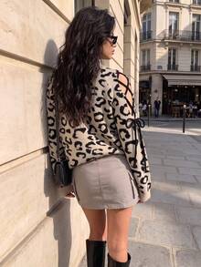 BuyK [Top]Leopard Print V-Neck Knit Sweater, Loose Cold Shoulder Tie Sleeve Pullover, For Weekend Classic Leopard Print Cozy Knit Sweater Vacation - Khaki - View 3