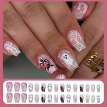30pcs Of Press On Nails Short Coffin-Shaped Fake Nails,Halloween Nails,Cute Nude Ghost Pumpkin Skull Fake Nails,Gothic Style,Removable Fake Nails Set,Festival Fake Nails - Multicolor - View 8