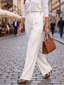 Women's White Polyester Straight Leg Pants With Button And Zipper Details, Suitable For Spring Wear, Non-Stretch Fabric - White - View 1