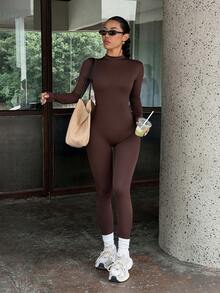 NOIRLYN Fall Winter Women's Round Neck Long Sleeve Jumpsuit Sexy Fitted Skinny Sports Unitard For Gym Workout - Brown - View 10