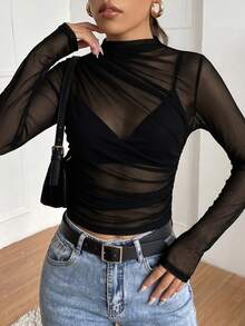 Stretchy Sheer Mesh - Women's Black Long Sleeve Mock Neck Ruched Dress Tops For Business Casual Work - Black - View 5