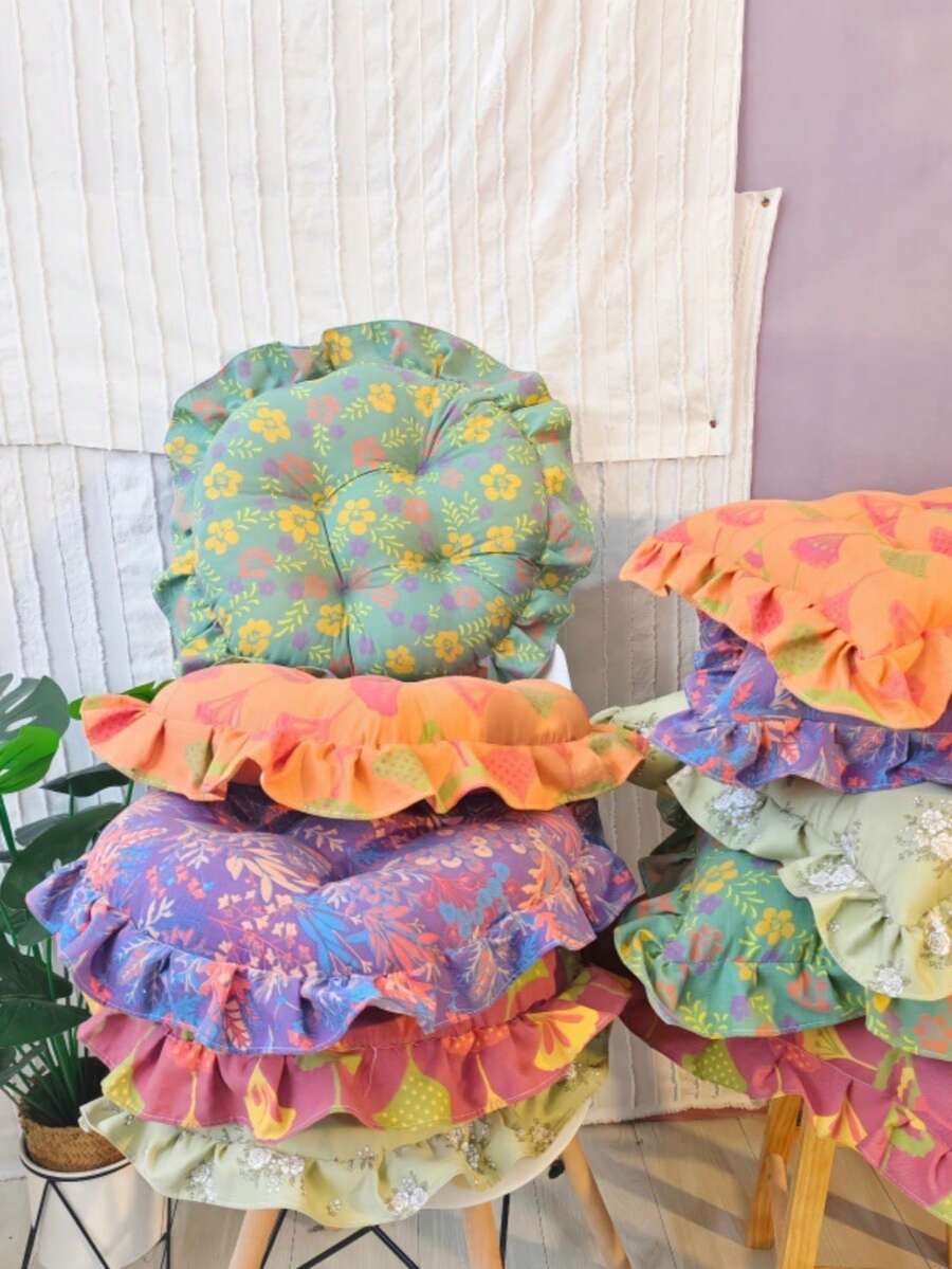 1 buah Bantal Kursi Bulat/Persegi dengan Tepi Bergelombang dan Motif Bunga, Bantalan Kursi Serbaguna Lembut yang Dapat Dicuci, Bantalan Sandaran, Bantalan Kursi Tebal dan Lembut, Cocok untuk Penggunaan di Rumah dan Kantor - Beraneka warna - View 1