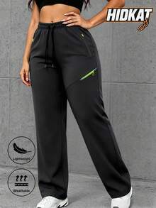Hidkat Women's Spring Summer Autumn Minimalist Solid Color Casual Straight Leg Pants, Lightweight Breathable Fabric, Multiple Zipper Pockets, Drawstring Waist, Suitable For Outdoor, Casual, Sports, Running Wear - Black - View 1