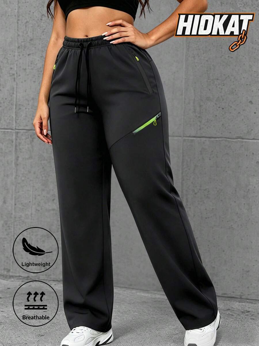 Hidkat Women's Spring Summer Autumn Minimalist Solid Color Casual Straight Leg Pants, Lightweight Breathable Fabric, Multiple Zipper Pockets, Drawstring Waist, Suitable For Outdoor, Casual, Sports, Running Wear - Black - View 1