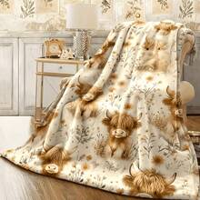 SXIUUZ Soft Fluffy Fleece Throw Blanket With Adorable Highland Cow And Floral Pattern Warm Cozy Lightweight Plush Sofa Blanket For Bed Couch Living Room280gsm - Champagne - View 11