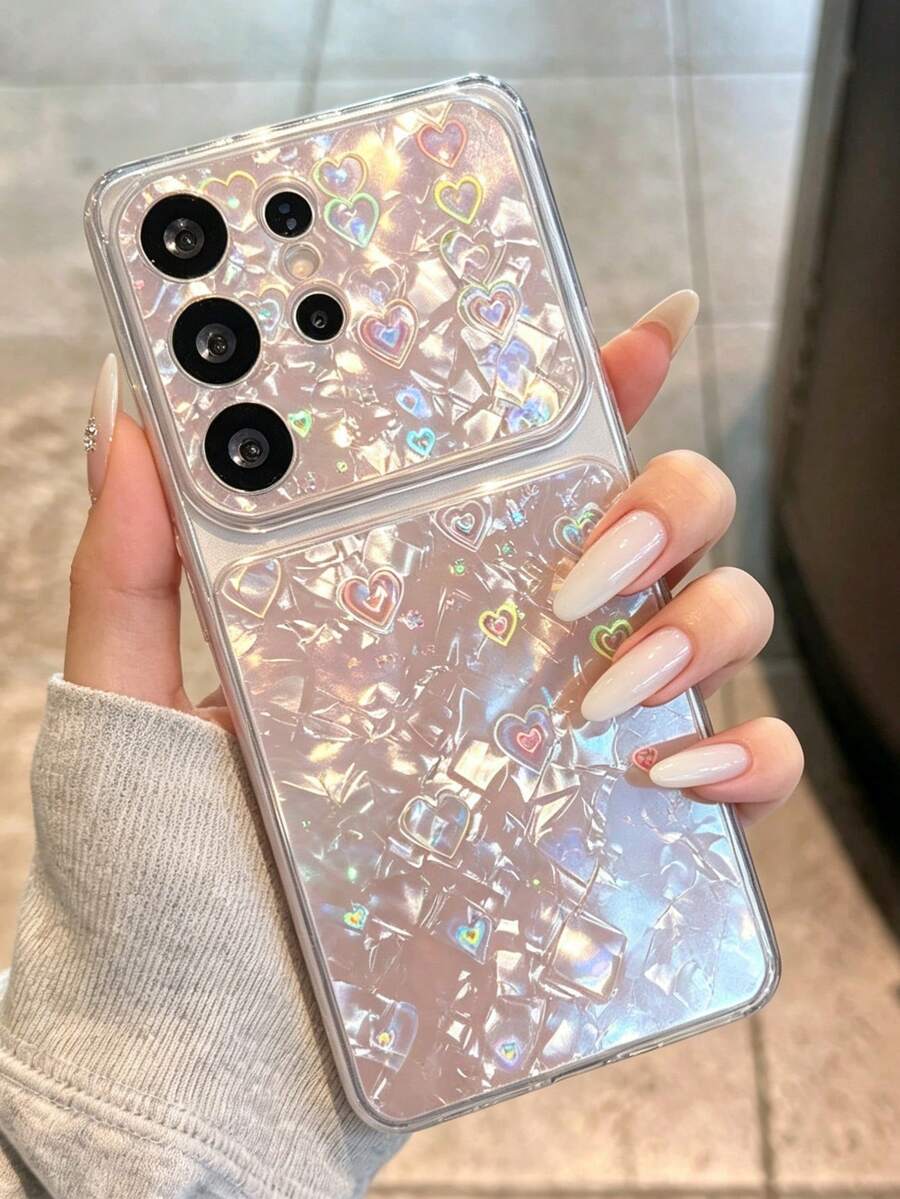 Stylish Blingbling Glitter Heart Shell Pattern Phone Case Compatible With Samsung Galaxy S26 Ultra S25 Ultra S24 Ultra S22 S23 Ultra Large Window Laser Soft Cover