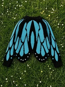 Plus Size Women's Halloween Butterfly Cape Knit Cardigan, Vibrant Contrast Color Crochet Jacquard Design, Slim Fit Bright Sweater Fall - Mint Blue - View 3