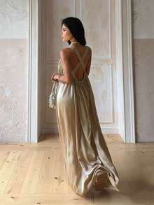 Summer Vacation Dress, Women's Simple & Unique Backless Dress, Suitable For Beach, Date, Concert, Stage And Music Festival - Champagne - View 3