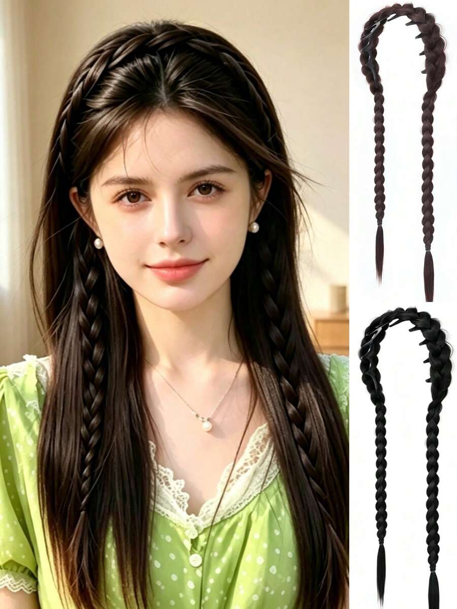 Headband Wig Integrated Braided Long Pigtail Wide Fishbone Braid Hairline Concealing Natural Realistic High Crown Hair Accessory - Multicolor - View 1