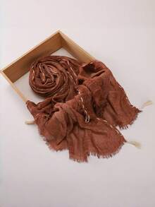1pc Perforated Drawstring Tassel Hijab, Women Muslim Modest Headscarf, Hand‑Made Textured Tie‑Dye Scarf Shawl - Tassel String-through Textured Scarf - View 9