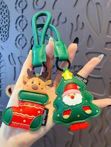 1pc Christmas Cartoon PU Leather Key Lanyard Christmas Tree Reindeer Sock Pendant Holiday Gift Car Keychain Bag Charm - A - View 5