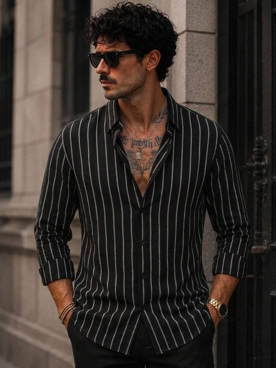 Men's Slim-Fit Striped Casual Long-Sleeve Button-Up Shirt - Soft Textured Cotton-Linen Blend Breathable Shirt For Modern Smart-Casual & Everyday Wear