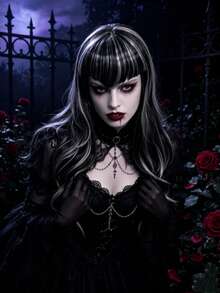 Women's Black Silver Streak Long Wavy Wig Synthetic Straight Bangs Gothic Vampire Style For Halloween Cosplay Party Costume - Black and White - View 2