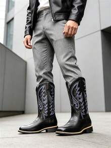 Striped Western Style Faux Leather Texture Cowboy Boots, Outdoor Wear For Men All Seasons - Black - View 9