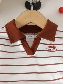 2pcs Baby Girl Casual Vintage Brown Striped Collared Waist-Cinching Long Sleeve Top & Straight Leg Pants Set, Thin Spring/Autumn - Khaki - View 6