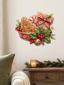 1pc Christmas Gingerbread Cookie & Gift Box Wall Sticker, Holly Berry & Jingle Bell Wall Decal, Self-Adhesive Removable Waterproof PVC Peel And Stick Wall Decor For Kitchen Dining Room Living Room, Holiday Home Decoration - Christmas Gift Tray Theme Wall Sticker - View 4