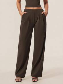 TimeOff Women's 1pc Solid Color Autumn/Winter Pleated Front Side Pocket Straight Wide Leg Long Pants - Coffee Brown - View 5