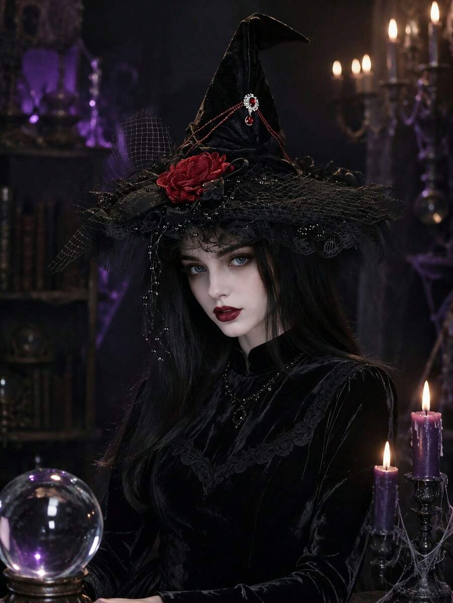 Halloween Gothic Black Velvet Witch Hat, Red Rose Lace Mesh Veil, Beaded Chain Tassel Ruby Decor, Cosplay Dark Bride Party Accessory - Black - View 1