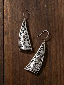 1 par de pendientes minimalistas de aleación con triángulo tallado estilo vintage - Plata antigua - Ver 1