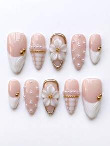 10pcs Handmade Medium Almond Shaped Press-On False Nails, White Swirl French Tip With 3D Bridal Pearl Floral Design, Removable And Reusable Manicure Set (Includes Jelly Glue And Nail File) - White - View 1