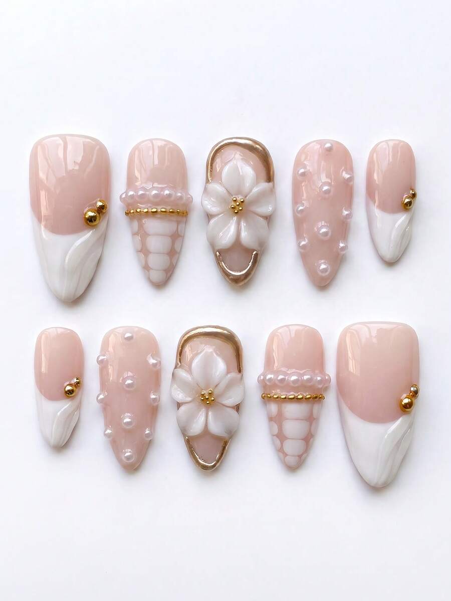 10pcs Handmade Medium Almond Shaped Press-On False Nails, White Swirl French Tip With 3D Bridal Pearl Floral Design, Removable And Reusable Manicure Set (Includes Jelly Glue And Nail File) - White - View 1