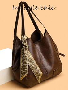 Solid Color Pleated Texture Shoulder Bag With Heart Print Scarf, Large Capacity Tote Bag For Books, Umbrellas, Water Bottles And Other Personal Items, Suitable For Daily Commute, Short Trips, Shopping And Everyday Outings - Brown - View 6