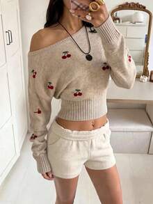 Women's Sexy One-Shoulder Knitted Sweater, Cherry Embroidered Long Sleeve Cropped Pullover, Soft Knit Top For Casual Street, Date And Commute Outfits - Camel - View 5