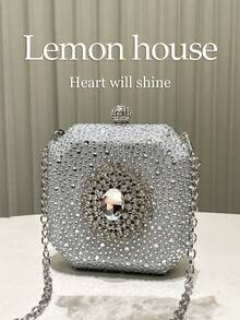 1pc Silver Shiny Rhinestone Premium Buckle Decor Mini Box Clutch Bag, Fashionable Personality Elegant Handbag, Evening Bag, Chain Crossbody Bag, Suitable For Evening Party, Banquet, Wedding, Ball, Gathering, Music Festival, Carnival For Women - Silver - View 3